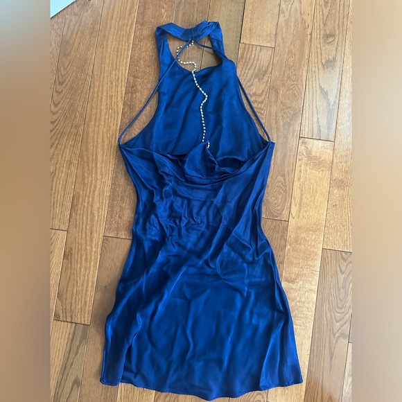 Zara blue silky satin dress with open back rhinestone chain detail - Picture 3 of 5